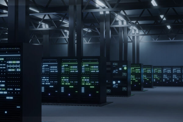 Interior de um data center moderno, com diversos racks de servidores iluminados por luzes de LED em um ambiente industrial.