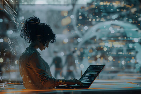 Mulher negra de cabelos cacheados trabalha em um ambiente tecnológico futurista, analisando códigos em um laptop, representando a presença feminina na tecnologia.