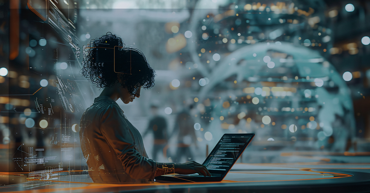 Mulher negra de cabelos cacheados trabalha em um ambiente tecnológico futurista, analisando códigos em um laptop, representando a presença feminina na tecnologia.