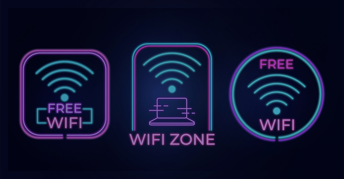 Ilustração em neon com três ícones de sinal de Wi-Fi e os dizeres “Free Wi-Fi” e “WiFi Zone”, destacando visualmente áreas com acesso gratuito à internet.