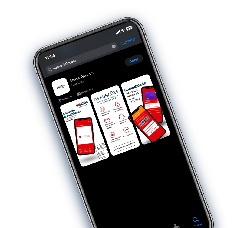 Celular inclinado com o aplicativo da Sothis Telecom na tela.
