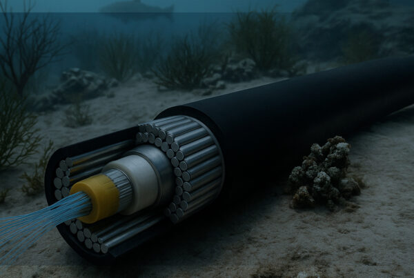 Vista subaquática de um cabo submarino de fibra óptica cortado ao meio, mostrando suas camadas internas de proteção e fios de dados, repousando no fundo do mar entre corais e algas.