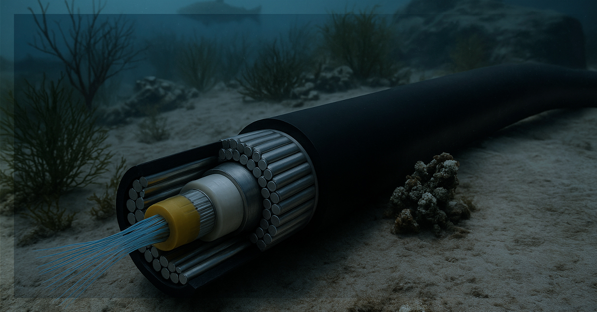 Vista subaquática de um cabo submarino de fibra óptica cortado ao meio, mostrando suas camadas internas de proteção e fios de dados, repousando no fundo do mar entre corais e algas.