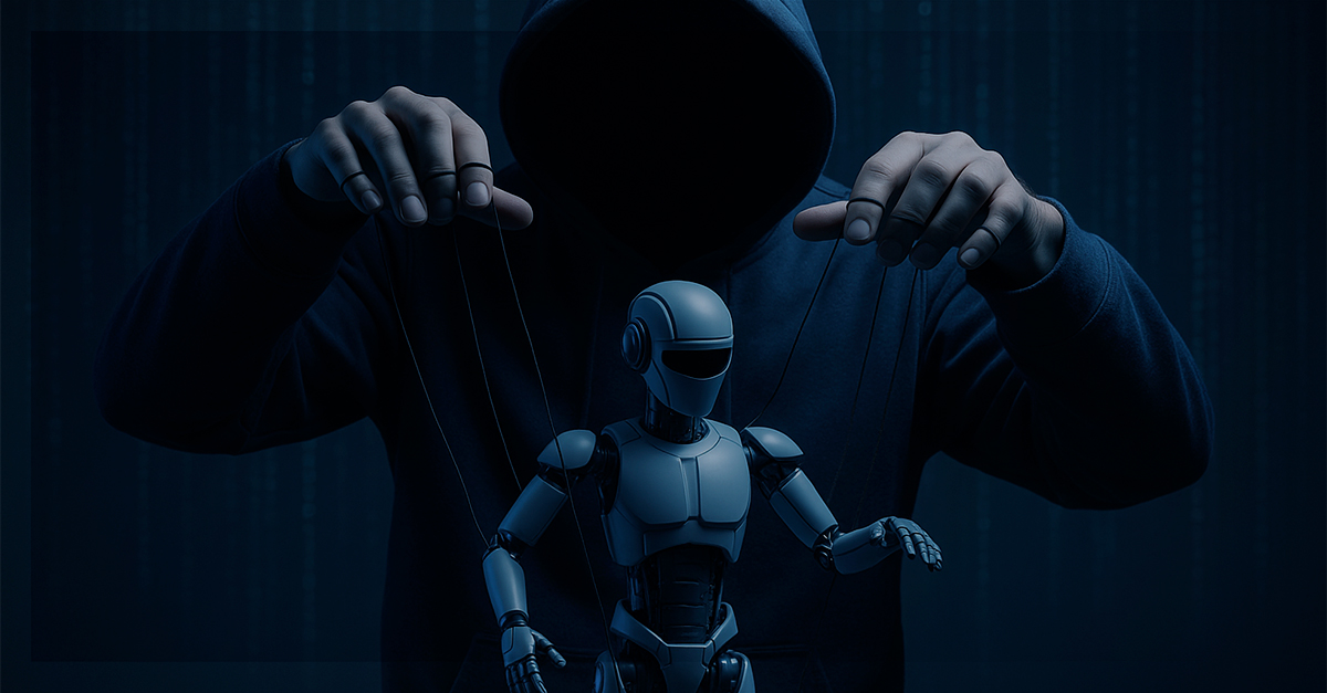 Pessoa encapuzada no escuro manipulando um robô com cordas, como se fosse uma marionete, simbolizando o controle humano malicioso sobre a inteligência artificial.