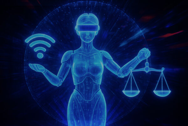 Figura holográfica feminina com aparência robótica segurando uma balança em uma mão e o símbolo de Wi-Fi na outra, ilustrando o equilíbrio entre justiça e acesso igualitário à internet.