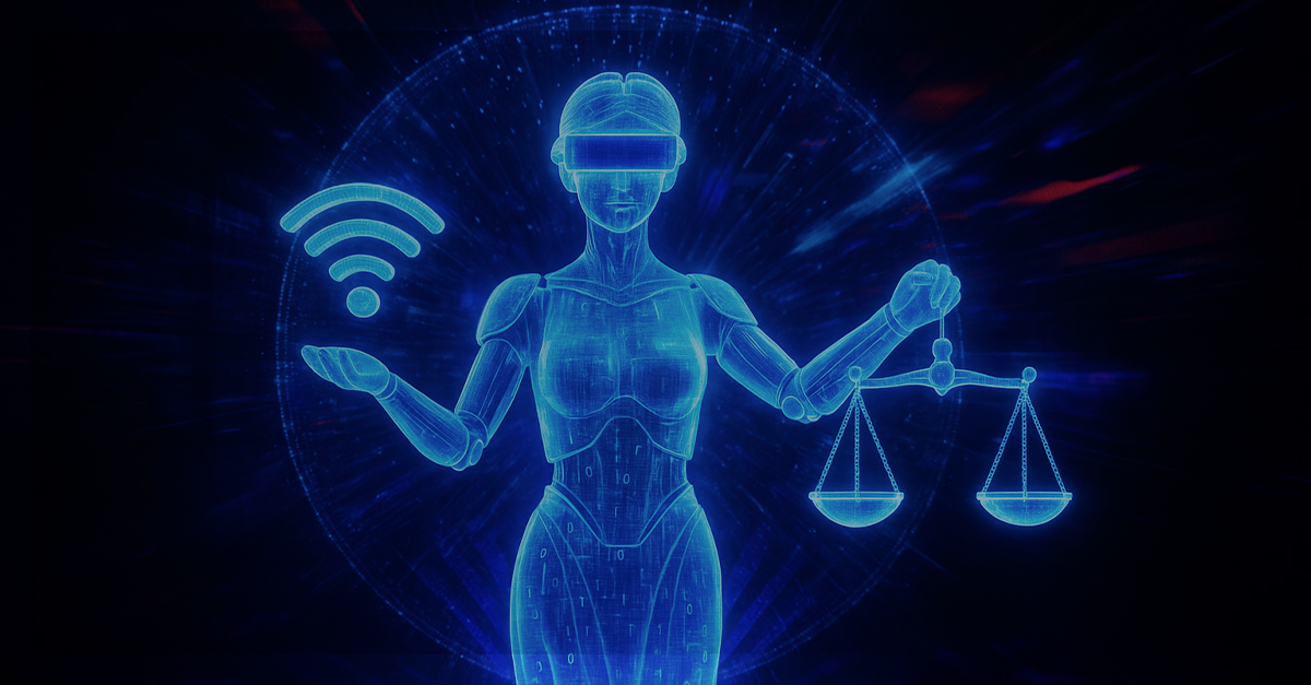 Figura holográfica feminina com aparência robótica segurando uma balança em uma mão e o símbolo de Wi-Fi na outra, ilustrando o equilíbrio entre justiça e acesso igualitário à internet.
