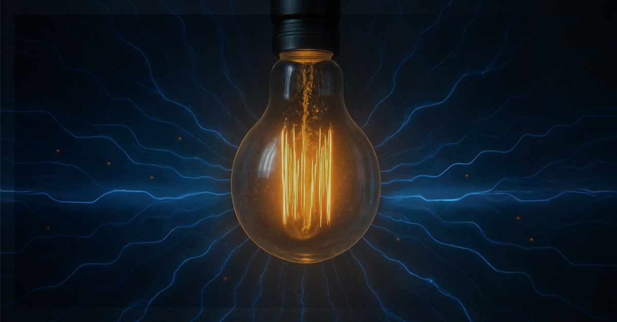 Lâmpada incandescente acesa com filamento visível, emitindo luz amarela, cercada por feixes de energia azul que se espalham em várias direções, simbolizando transmissão de dados pela luz, o Li-Fi.