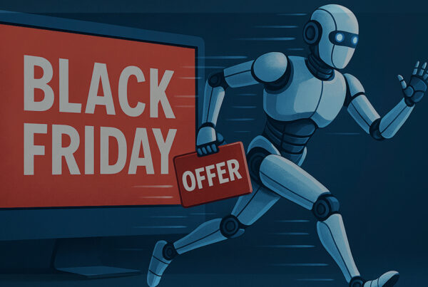 Robô correndo para fora de uma tela de computador com a placa “Black Friday Offer” na mão, representando bots automatizados agindo rapidamente para capturar promoções online.