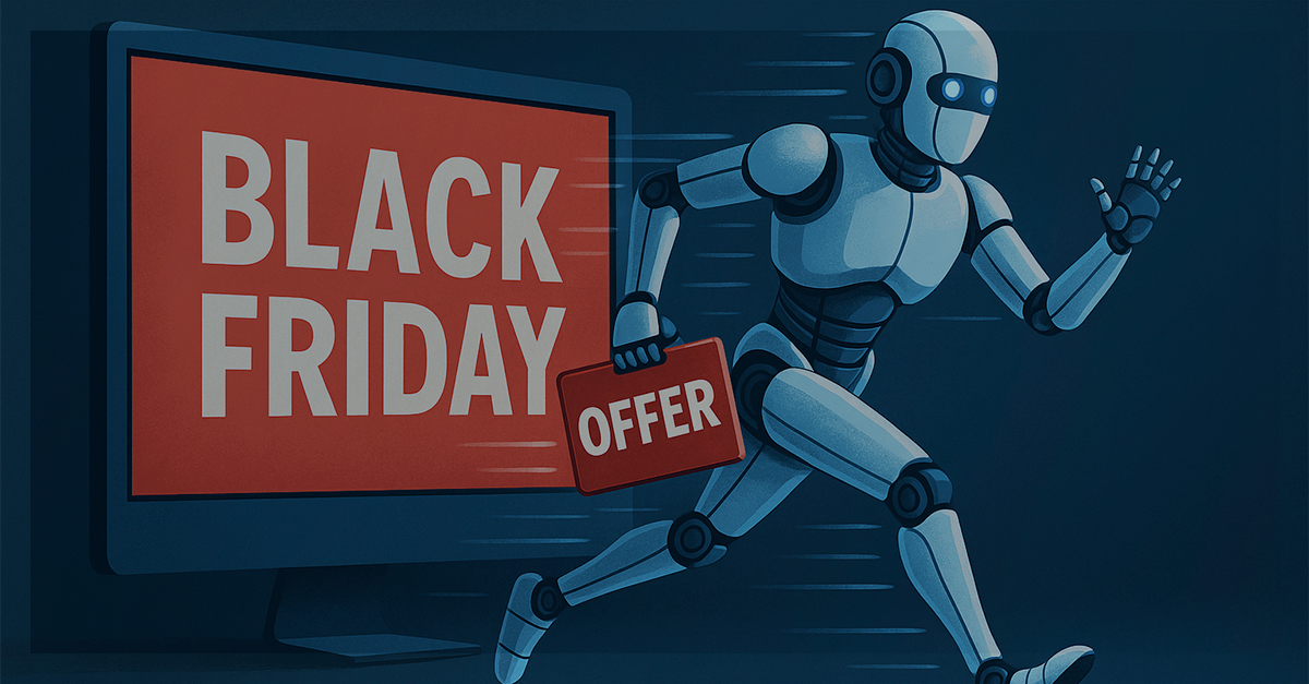 Robô correndo para fora de uma tela de computador com a placa “Black Friday Offer” na mão, representando bots automatizados agindo rapidamente para capturar promoções online.
