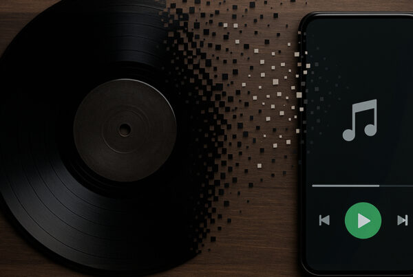Disco de vinil preto se desfazendo em pequenos pixels e se transformando em interface de aplicativo de música em um smartphone, representando a transição do físico para o digital, mudando nosso entendimento de propriedade.