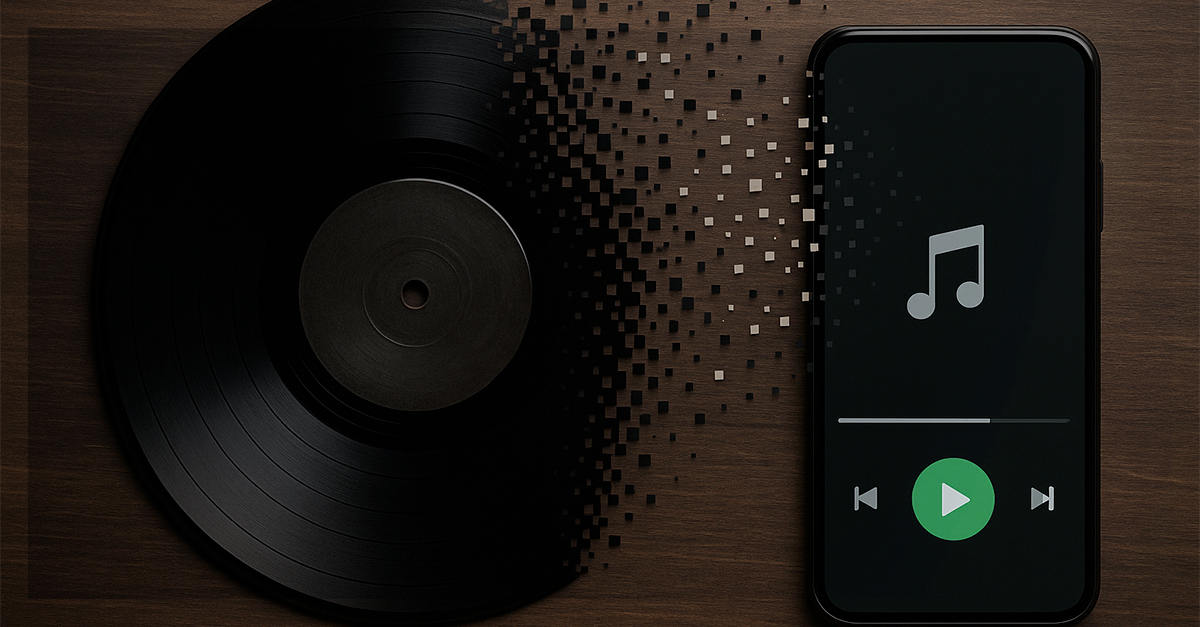 Disco de vinil preto se desfazendo em pequenos pixels e se transformando em interface de aplicativo de música em um smartphone, representando a transição do físico para o digital, mudando nosso entendimento de propriedade.