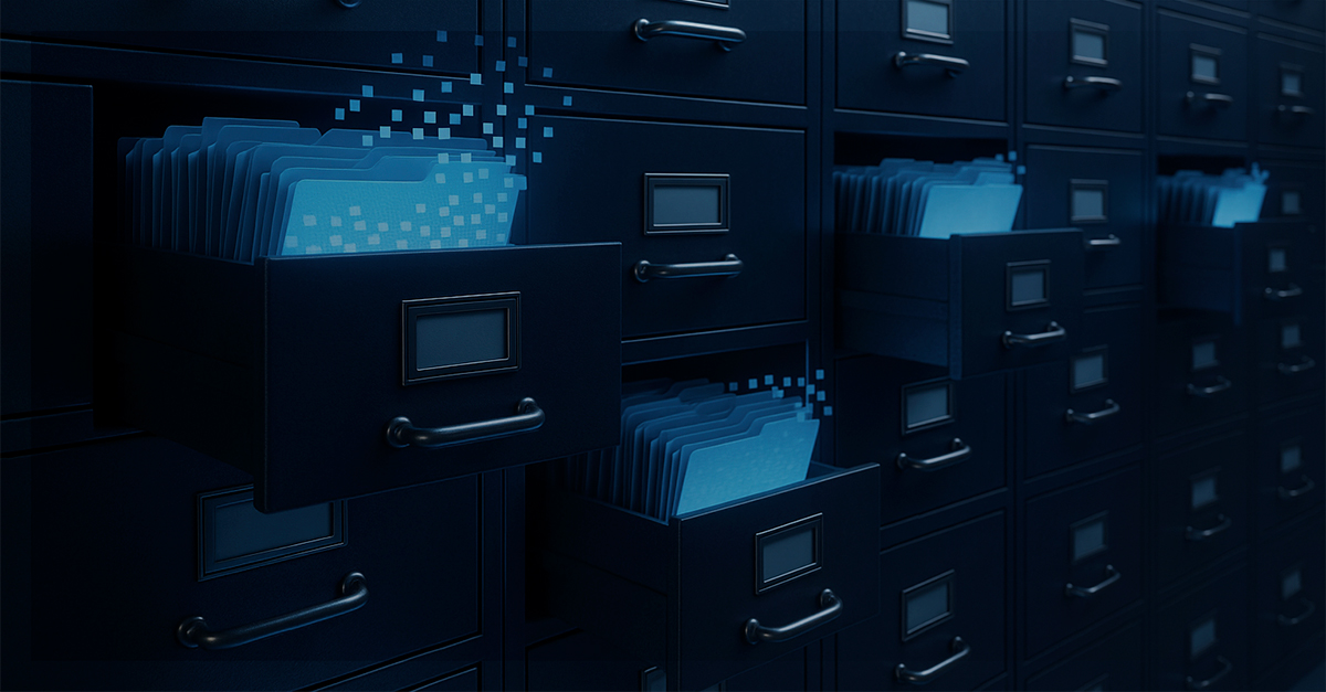 Arquivos físicos organizados em gavetas de fichário, com pastas azuis se desfazendo em pixels, simbolizando a digitalização e preservação de documentos e aspecto cultural no meio digital.
