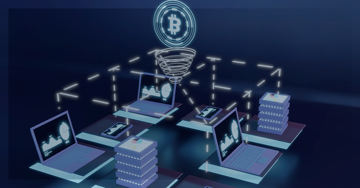 Ilustração de uma rede blockchain: laptops e servidores conectados por linhas pontilhadas, com um ícone de Bitcoin no centro acima, representando troca de dados e transações distribuídas.